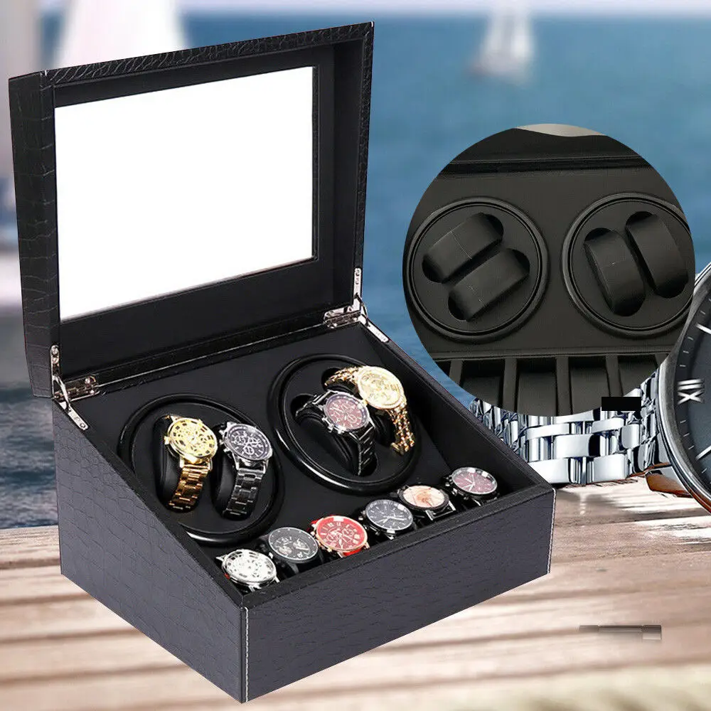 

Automatic Watch Winder Display Box for 4 Watches with 6 Flexible Watch Pillows Luxury Fiber Leather Storage Case, Silent Motor