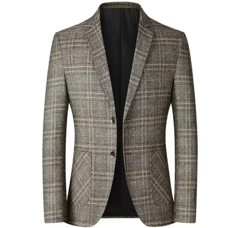 

2024 New Men's Suit Top with Grid Design, Fashionable Slim Fit Suit Jacket, Casual Matching with Men's Clothing