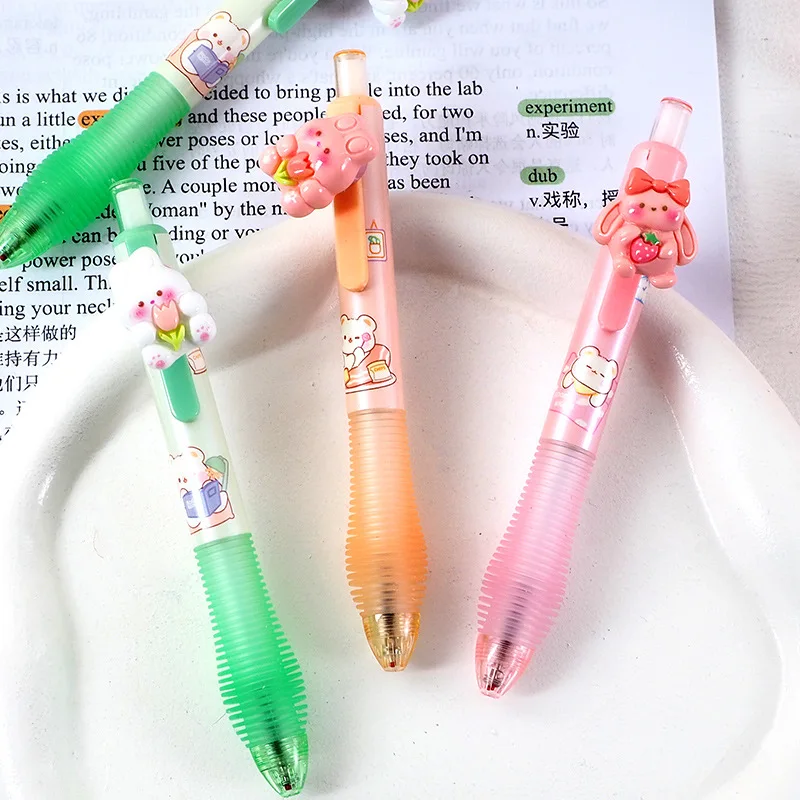 4Pcs/Lot Kawaii Cartoon Tulip Bunny Spin Gel Pen 0.5mm Black Ink Rabbit Rotate Pens Anti Fatigue Sheath School Office Stationery