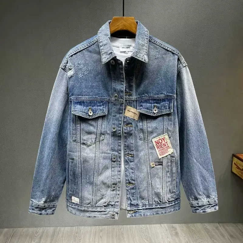 

Oversize Denim Jaet Men's Spring Autumn Loose Fit Ripped Casual Top Turn-down Collar Japanese Sle Large Size Jeans Jaet