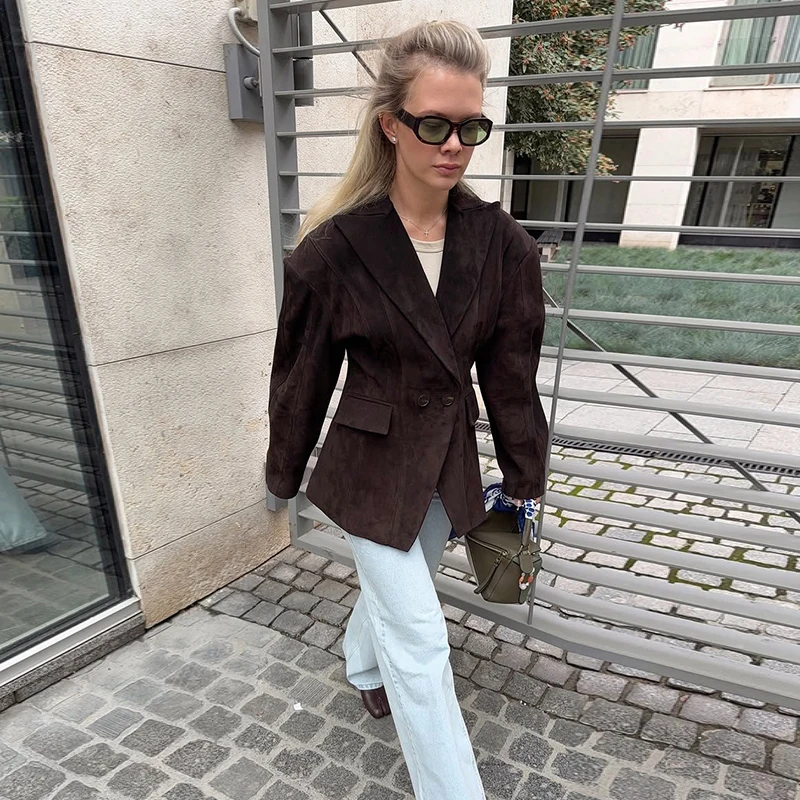 Wildleder Safari Stil Kurze Bomber Jacken Frauen Mode Stehen Kragen Epaulet Elastische Saum Taste Lose Mäntel Chic Damen Outer – Detail 8