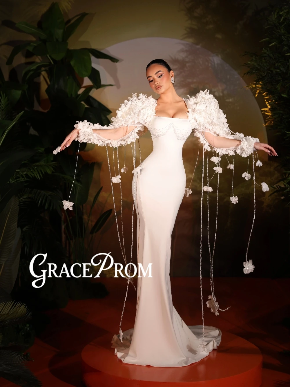 Fashion Square Neck Fitted Mermaid Wedding Dress With 3D Flower Sleeves Beaded Tassel White Satin Bridal Gown Customized