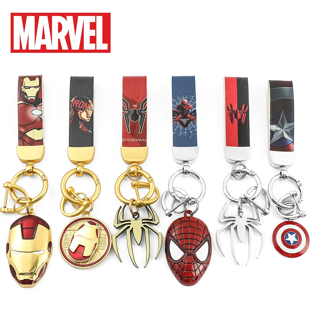 Marvel Superhero Leather Keychain Iron Man Steve Rogers Hulk Spider Man Pendant Keyring for Men Accessory Car Keys Toy Gifts