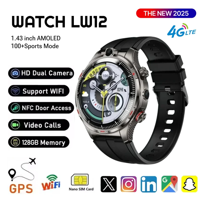 

LW12 Android Smartwatch 8GB+128GB Storage 4G Dual SIM Calling Dual Camera Video Chat Sports Mode WiFi+GPS Unisex for Students