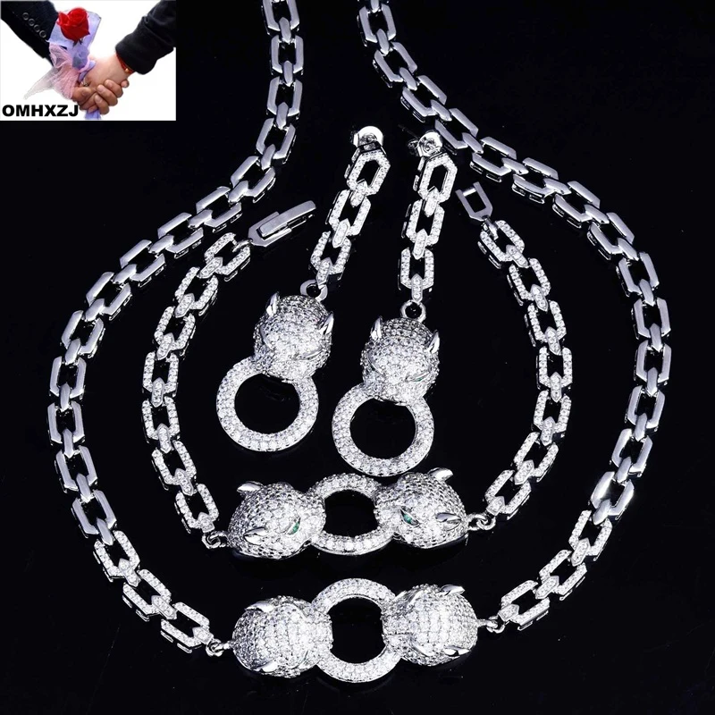 OMHXZJ Wholesale JE305 European Woman Party Birthday Wedding Gift Leopard 18KT White Gold Earrings+Necklace+Bracelet Jewelry Set