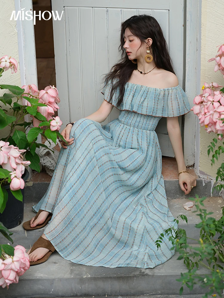 

MISHOW Women's Fashion Slash Neck Chiffon Dress 2025 Ladies Elegant Vacation Striped French Dresses Female Clothing MXE39L2380