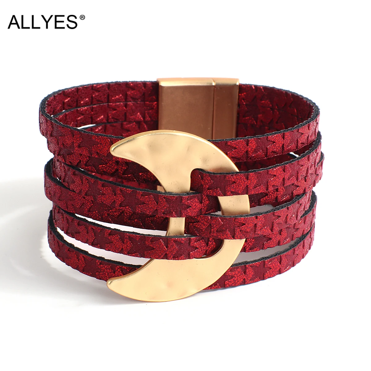 ALLYES Bohemian Moon Charm Leather Bracelets for Women Men Fashion 6 Row Stars Printed Wrap Bracelet Bangle Female Jewelry