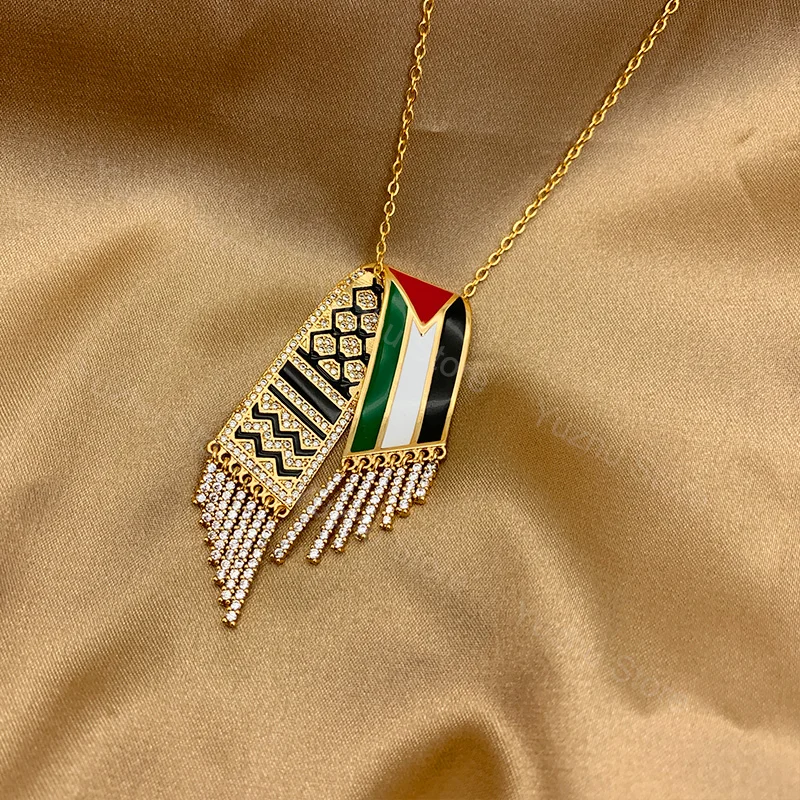 18K-لوحة وشاح شكل الزركون قلادة القلائد الفولاذ المقاوم للصدأ كوفية خريطة سلسلة مجوهرات شخصية للرجال النساء #3