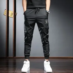 Men's Black Jogging Sport Pants Summer Lightweight Fashion Casual Embroidery Slim Fit Elastic Waist Drawstring Joggers Trousers