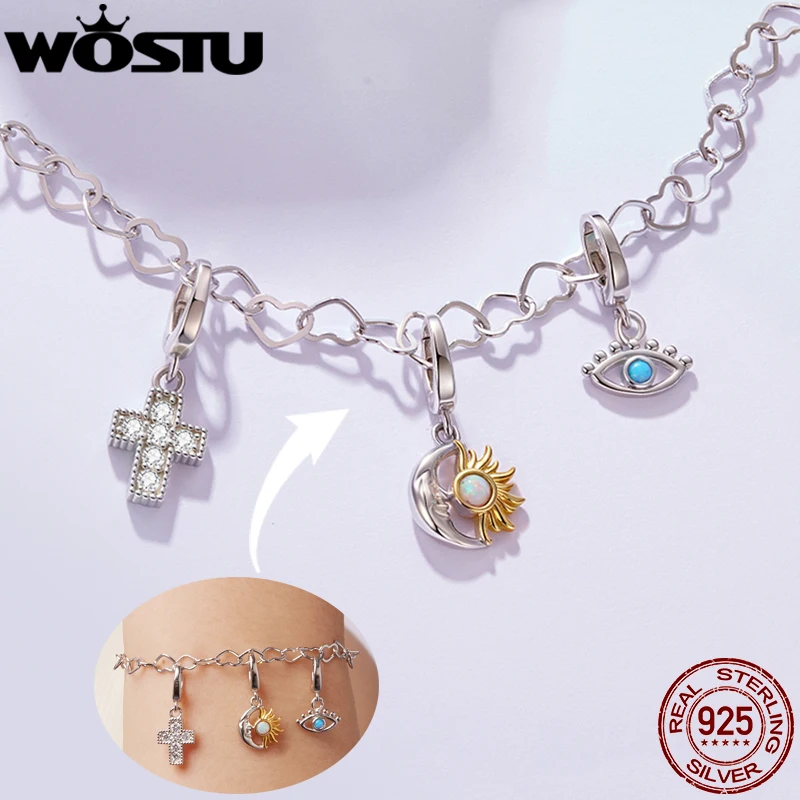 

WOSTU 925 Sterling Silver Zircon Cross Evil Eye Clasps Charm Pendants , Sun and Moon Open Locket Pendant Fit DIY Bracelet Neck