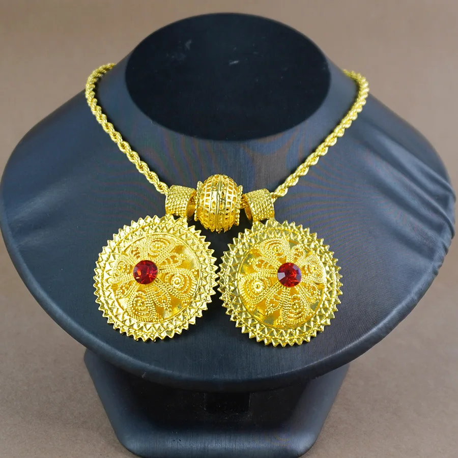 9999 gold set with red gemstone earrings, rings, bracelets, double pendant necklace set as wedding gift