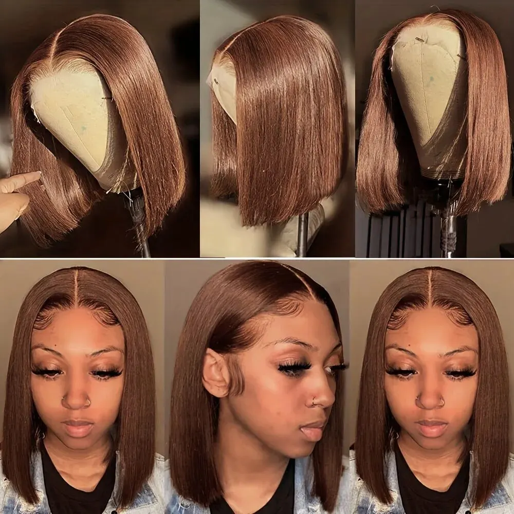 Chocolate Brown Lace Front Short Bob Wigs Pre Plucked 13x4 Swiss Transparent Ear To Ear Lace Frontal Human Hair Wigs For Women