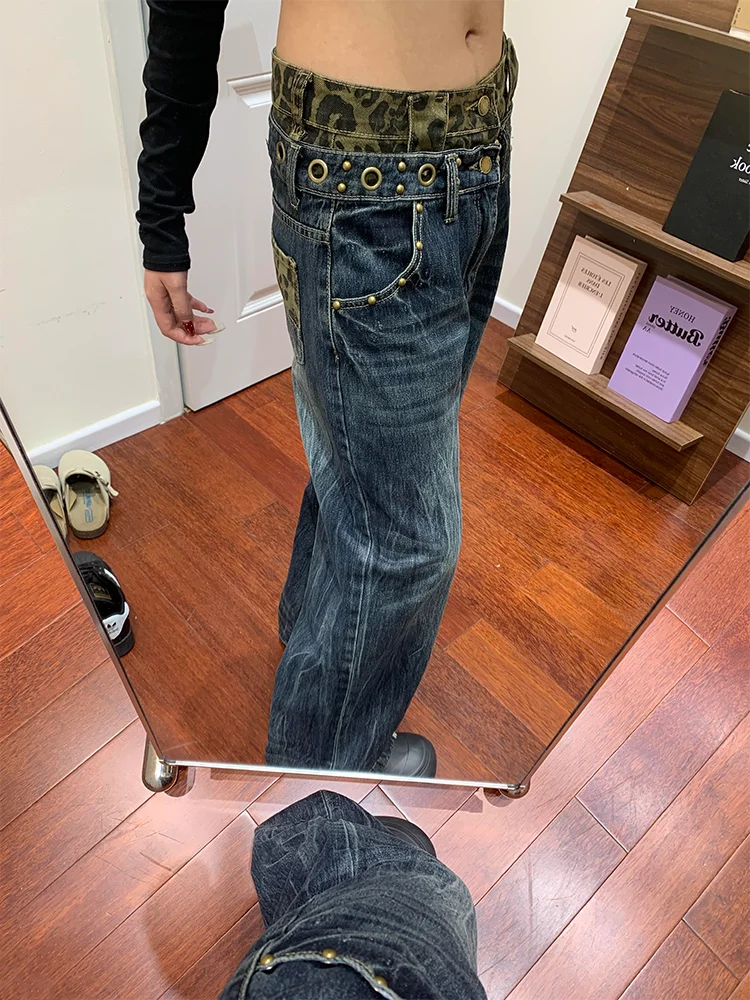 

Retro American Large Size Distressed Leopard Print Straight Leg Jeans Women's Loose Fit Slimming Wide Leg Pants High Waist