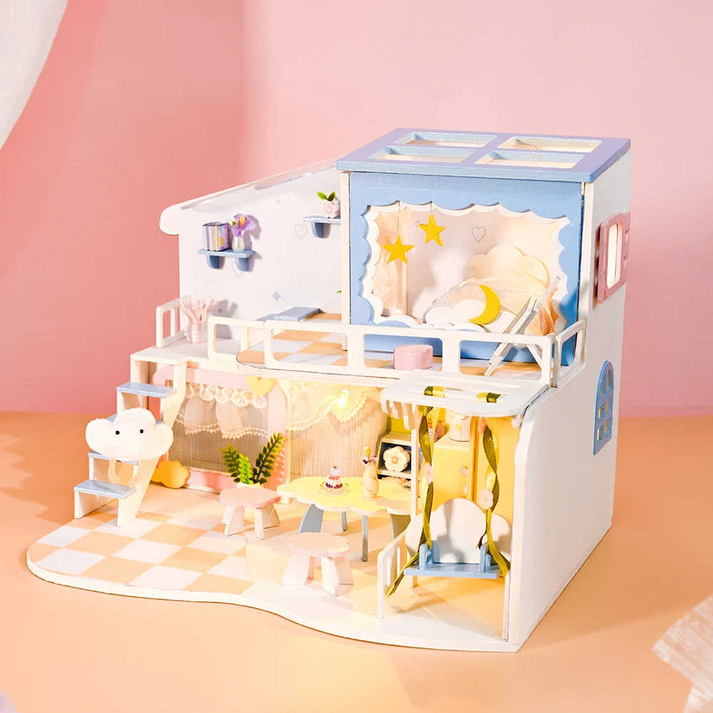 Diy casa de boneca de madeira kit miniatura com móveis led luz casa quarto modelo de brinquedos para adultos crianças presente de aniversário