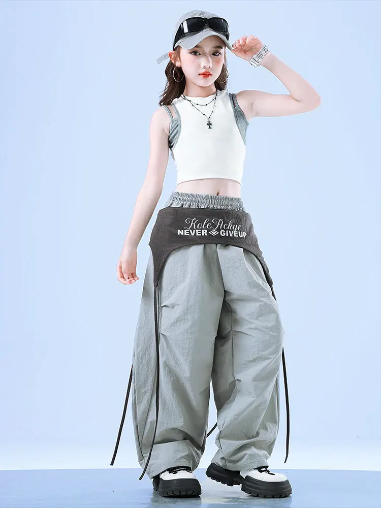 

Kid Kpop Hip Hop Clothing White Gray Crop Tank Top Casual Belt Wide Leg Parachute Sweat Pants for Girls Dance Costumes Clothes