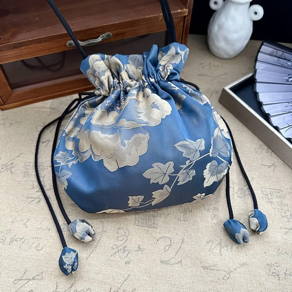 

Retro Ethnic Style Silk Drawstring Bag Bucket Bag Chinese Printed Coin Purse Storage Bag Handbag Ladies/Girls