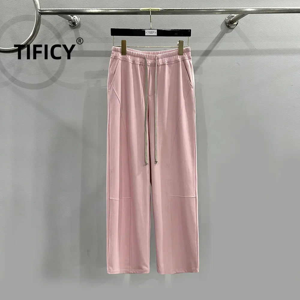 High Street Cotton Pant Women's Pink Western-style Drawstring Elastic Waist Splicing Thin and Loose Wide Leg Casual Pants