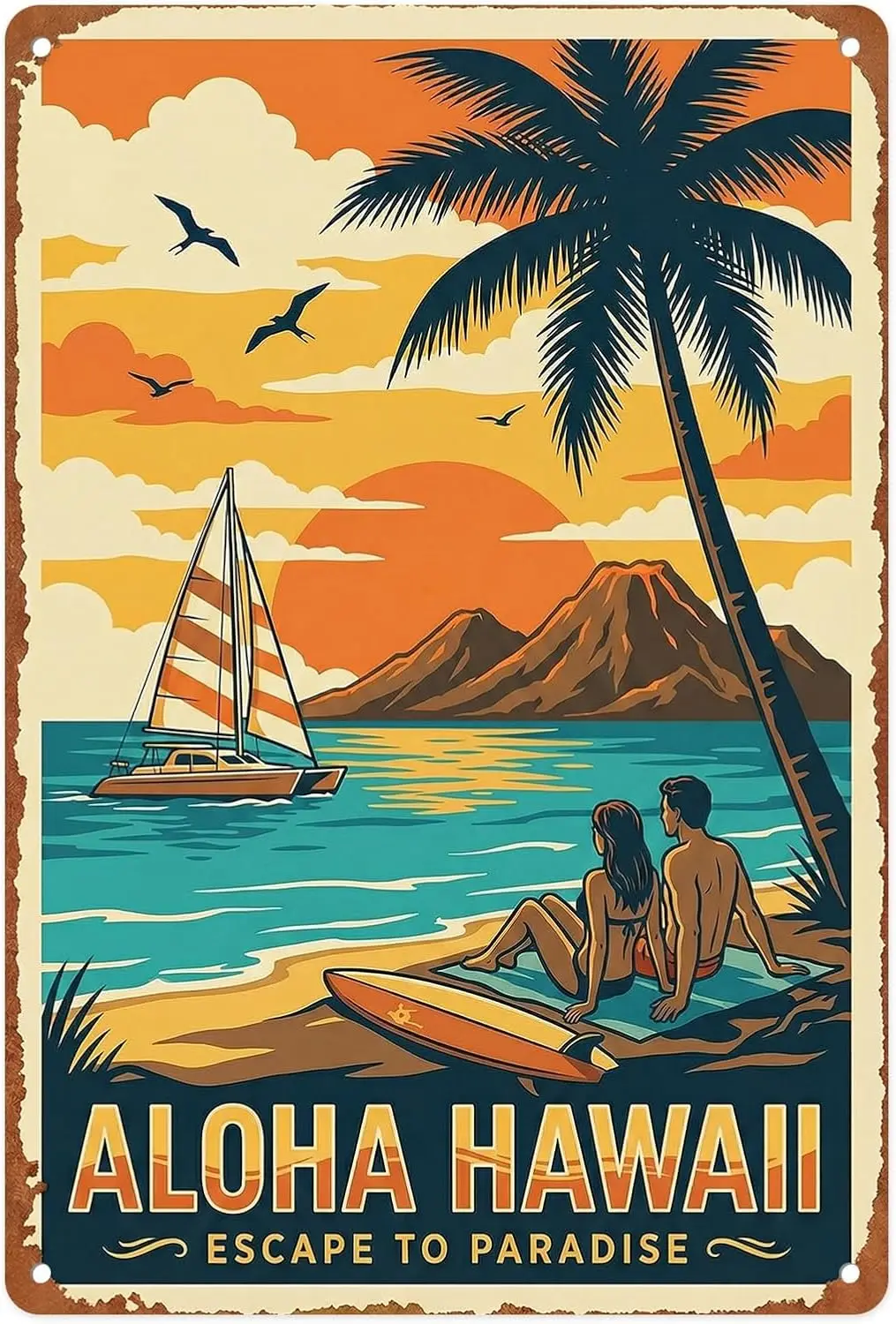 Beach Tropical Vintage Metal Tin Sign Wall Decor,   | Hawaiian Retro Wall Art for Lake House, Beach-Themed room, Cottage and Cab