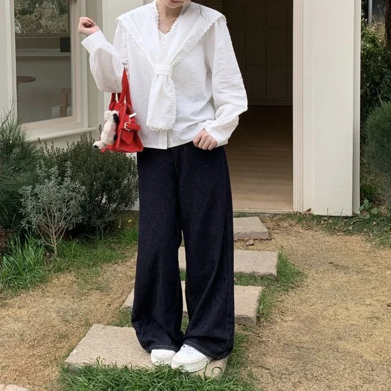 French Style Lace Navy Collar Pure Cotton Shirt for Women Spring White Design Unique and Chic Baby Doll Shirt