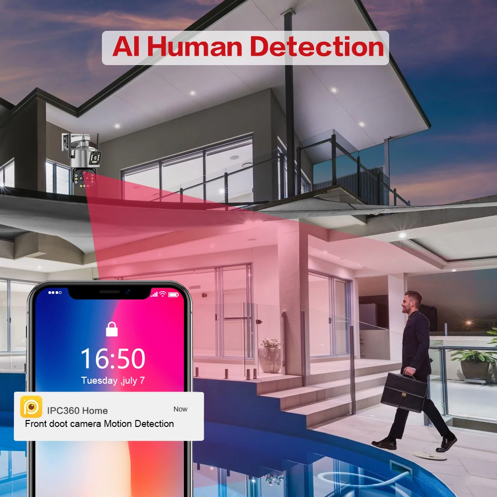 8K 16MP HD Wifi PTZ Camera Outdoor 20X Zoom  Four Lens Dual Screen AI Auto Tracking IP Camera CCTV Audio Video Surveillance P2P