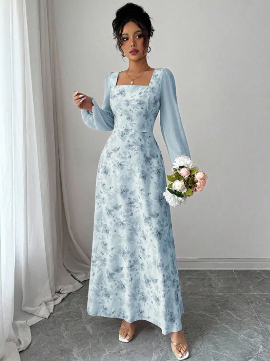 Abito lungo maxi a trapezio in chiffon con colletto quadrato a maniche lunghe stampato floreale da donna 2026 Abiti da sera sottili sexy per feste di compleanno