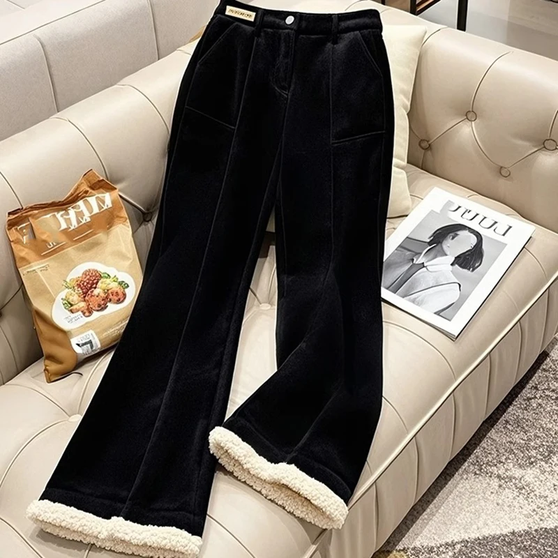 Black Velvet Warm Casual Pants for Women Autumn Winter European New Style Wide Leg Pants Loose Lazy Style High End Pants