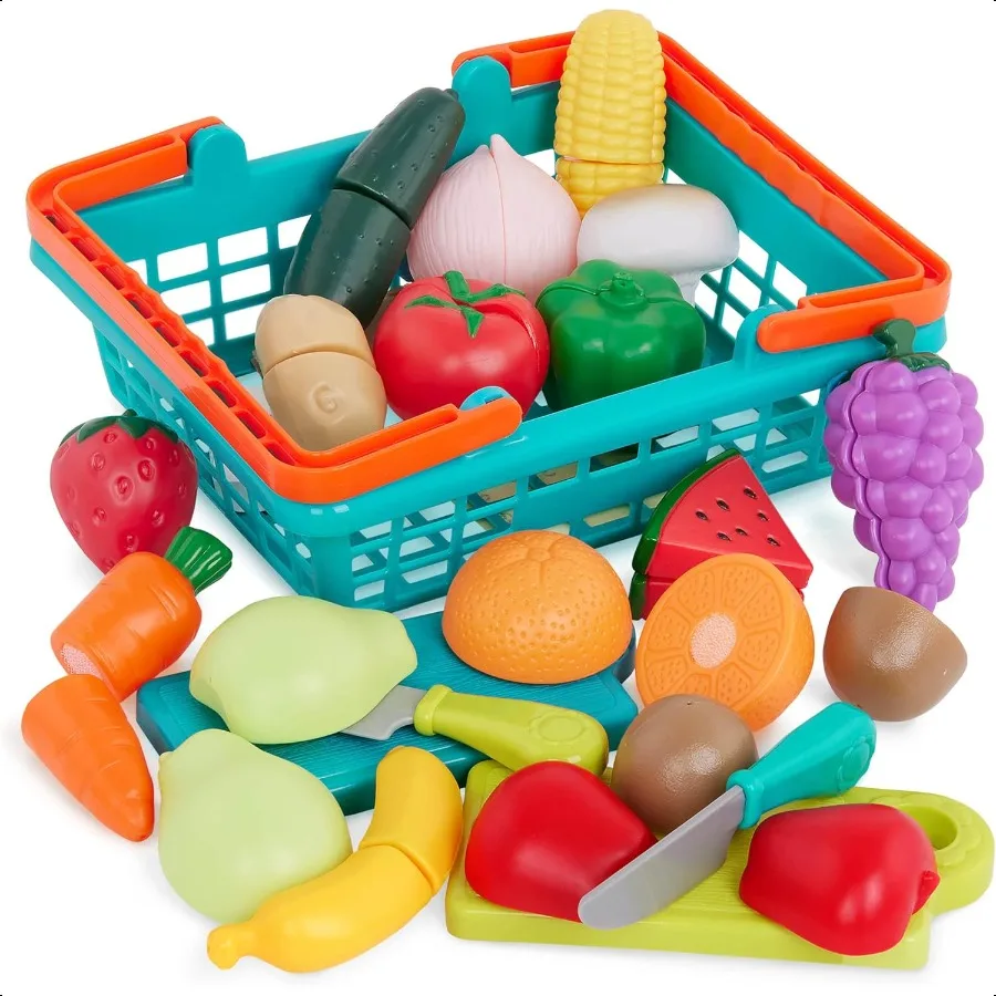 

Battat Play Food for Toddlers with Farmers Market Basket and Chopping Board Toy Food for Kitchen and Pretend Play for 3+ Years