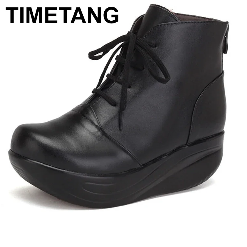 TIMETANG    Solid Black Women Boots Lace Up Genuine Leather Winter Boots Warm Wedges Platform Swing Shoes Big Size Short Shoes