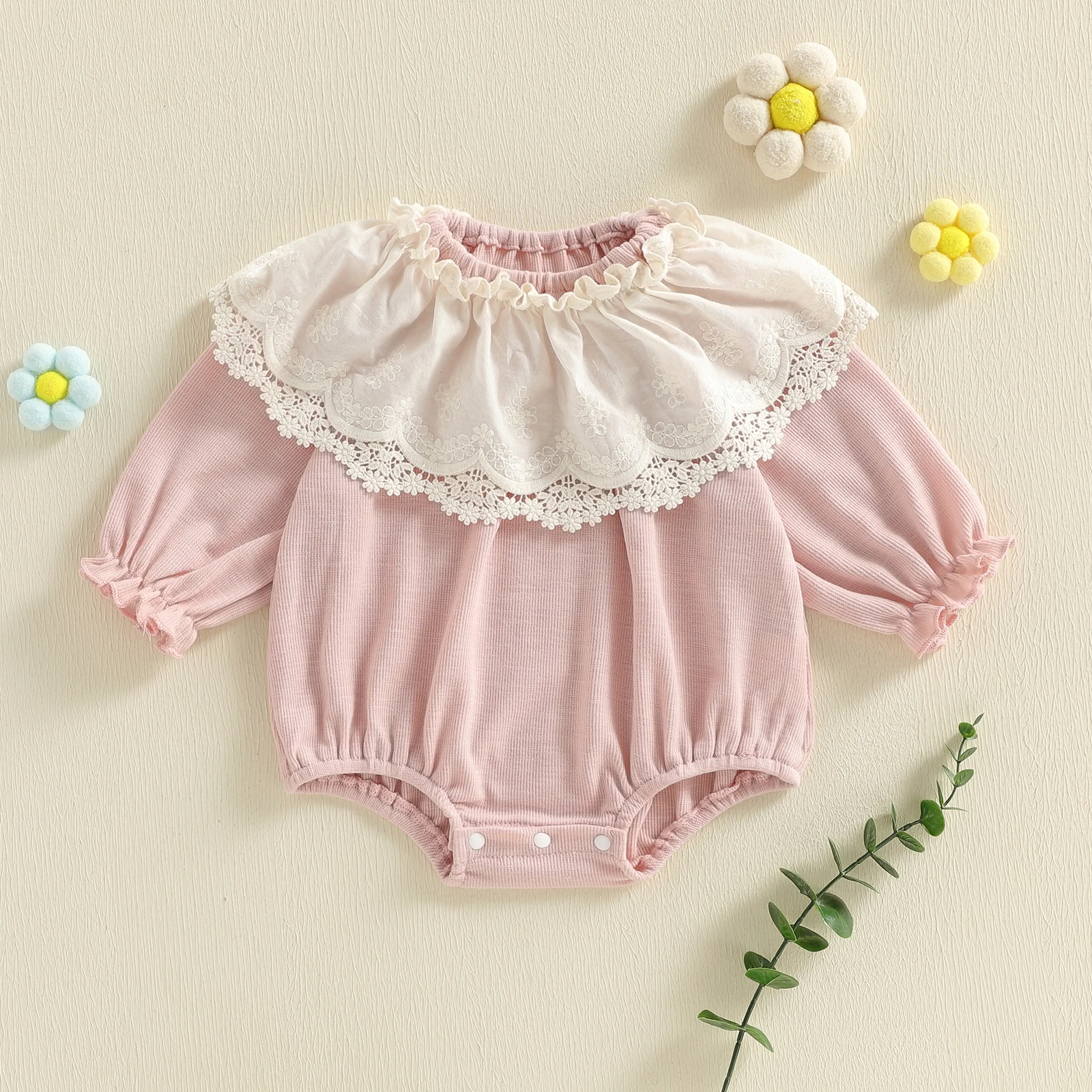 

Adorable Baby Girl Rompers with Puff Sleeves Crew Neck Lace Ruffle Trim and Bubble Jumpsuit Design for Infants