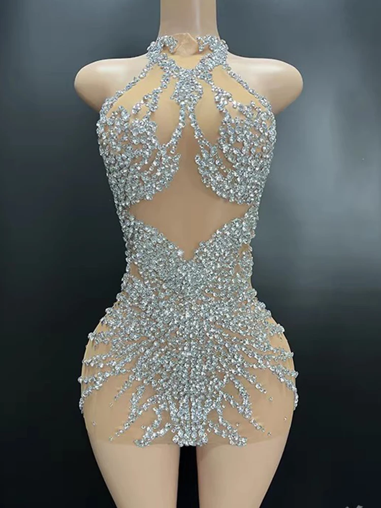 Alta qualidade strass sexy malha pendurado pescoço vestido elástico 2025 nova moda personalizada roupas femininas