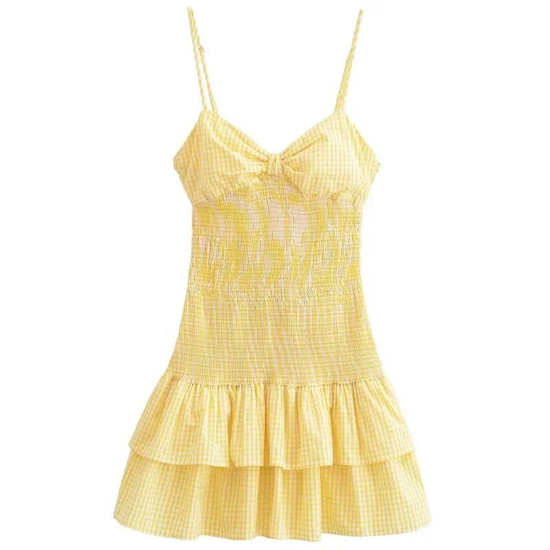 TRAF Yellow Plaid Mini Dress Woman Pleated Corset Slip Dress Bow Backless Sexy Short Dresses Women Ruffle Bodycon Beach Dress