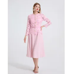 Summer Holiday Embroidery Lace Evening Dress Women Runway Brand Designer Flower Button Crochet Long Sleeve Midi Dresses Party