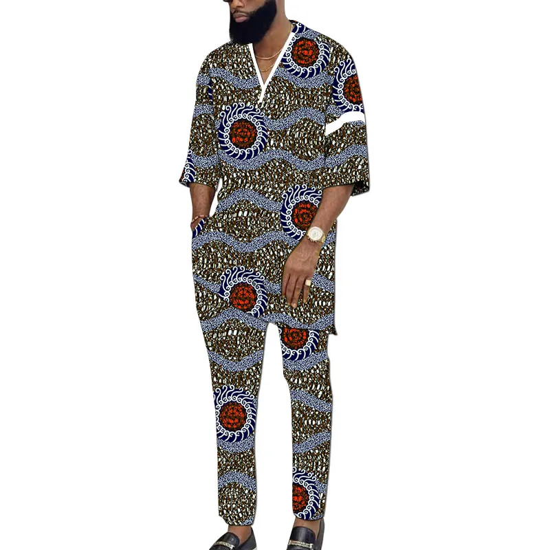

Оригинальный дизайн, мужской комплект с короткими рукавами и африканским принтом, рубашки с v-образным вырезом, брюки с эластичной резинкой на талии, праздничная одежда на заказ