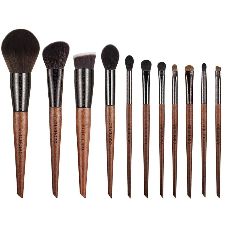 Natural Hair Carved Copper Tube Solid Wood Handle 11Pcs Amber Blue Series Makeup Brush Set Factory Spot Sale