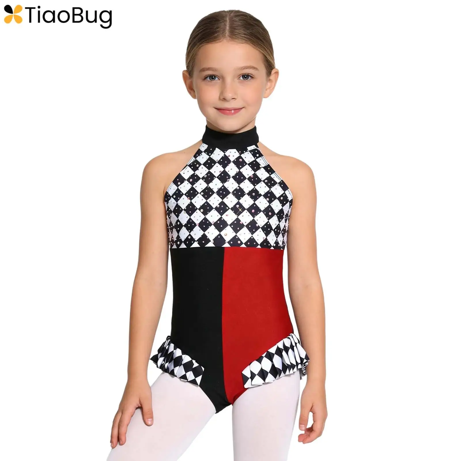 Girls Long Sleeve Checkerboard Jumpsuit Ballet Gymnastics Leotard Bodysuit Shiny Sequin Race Car Driver Circus Cosplay Costume