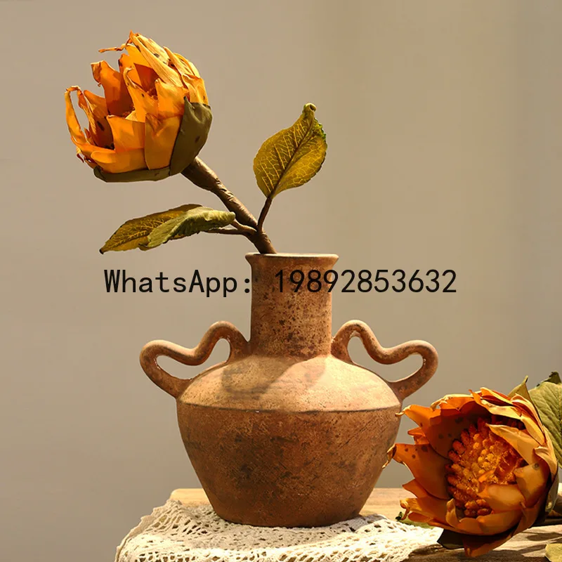 

Ceramic Vase Retro Pot Rough Pottery Geometric Handle Flower Vase Flower Arrangement Accessories Flowerpot Home Decoration