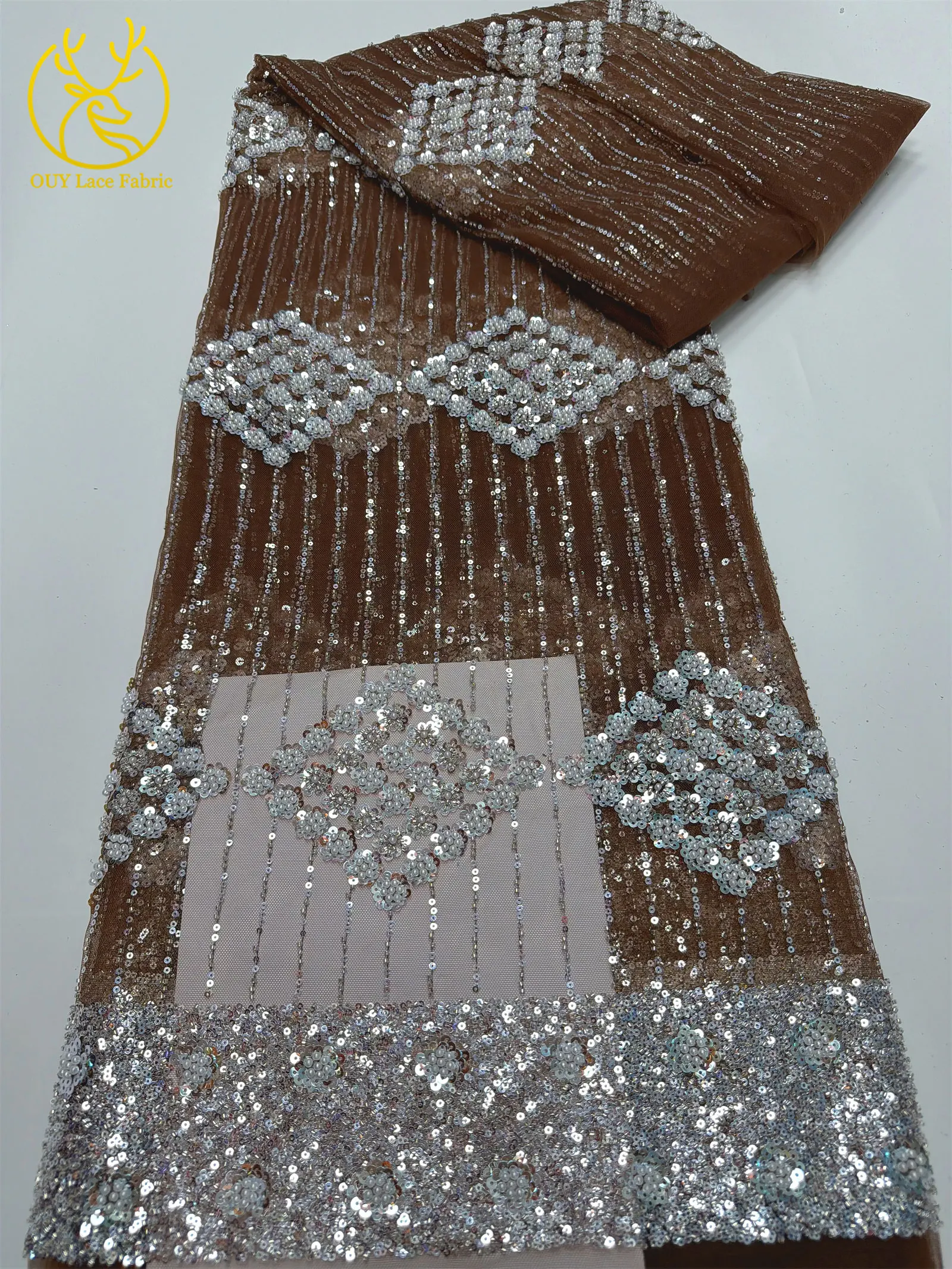 Eleganter, modischer afrikanischer Spitzenstoff mit Perlen und Pailletten, 2026, neues Design, französischer nigerianischer Tüll-Spitzenstoff für Abschlussball- und Partykleider, 5 Yards – Detail 17