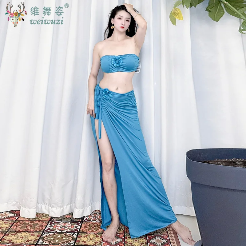 밸리 댄스 슈트 여성 성인 우아한 Strapless 탑 연습 옷 여성 셔츠 스플릿 롱 스커트 성능 의류 세트