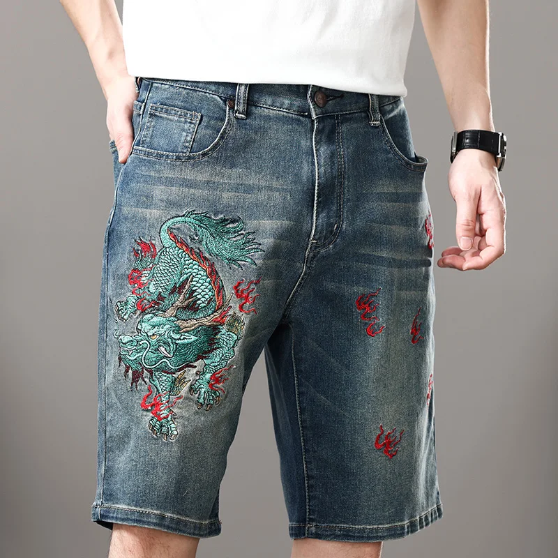 Chinese Dragon Embroidery Denim Shorts Men's Straight Loose plus Size Fashion Casual Street High-End Embroidered Middle Pants