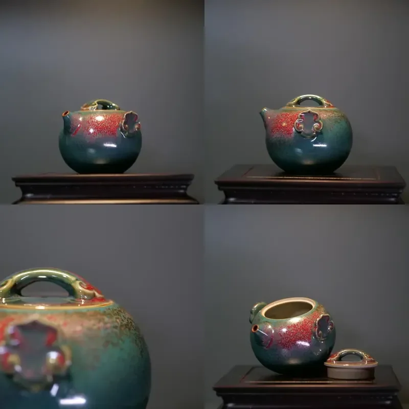 

【CHIMU HOME】 Handcrafted Ceramic Jun Kiln Emerald Gold Glaze Double-Eared Teapot for Chinese Kung Fu Heat-Resisting