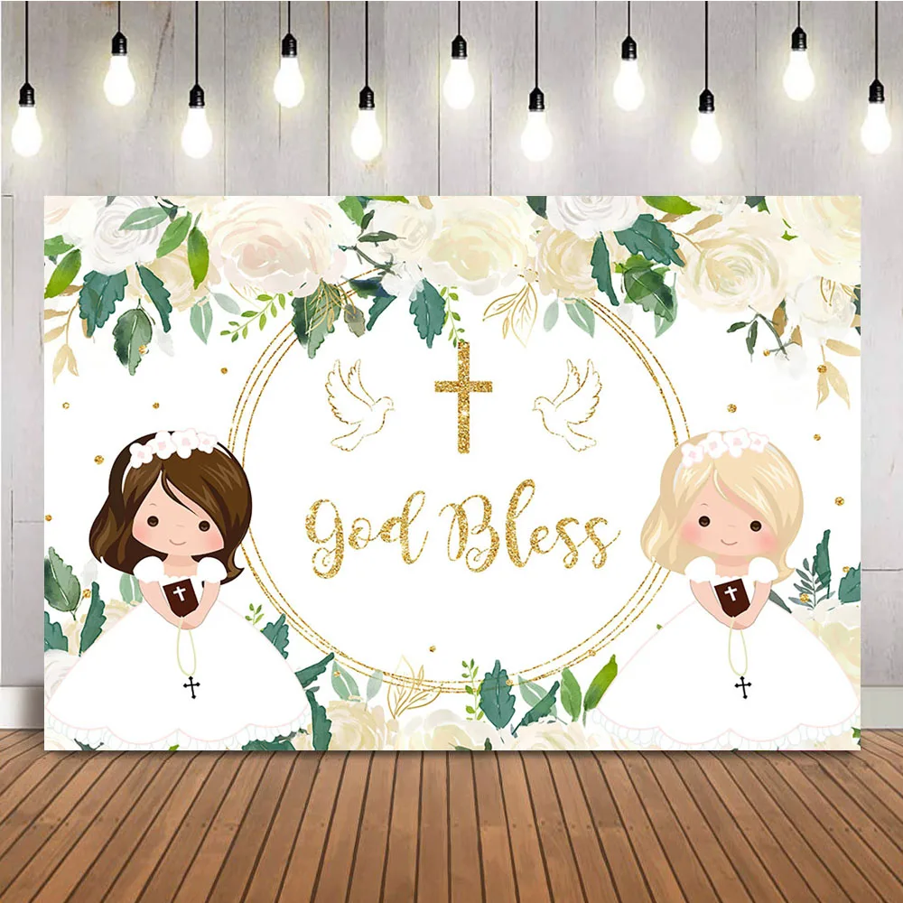 

God Bless Cross Backdrop White Flowers Baby Shower Photo Background Peace Dove First Communion Photo Backdrops Photocall Props