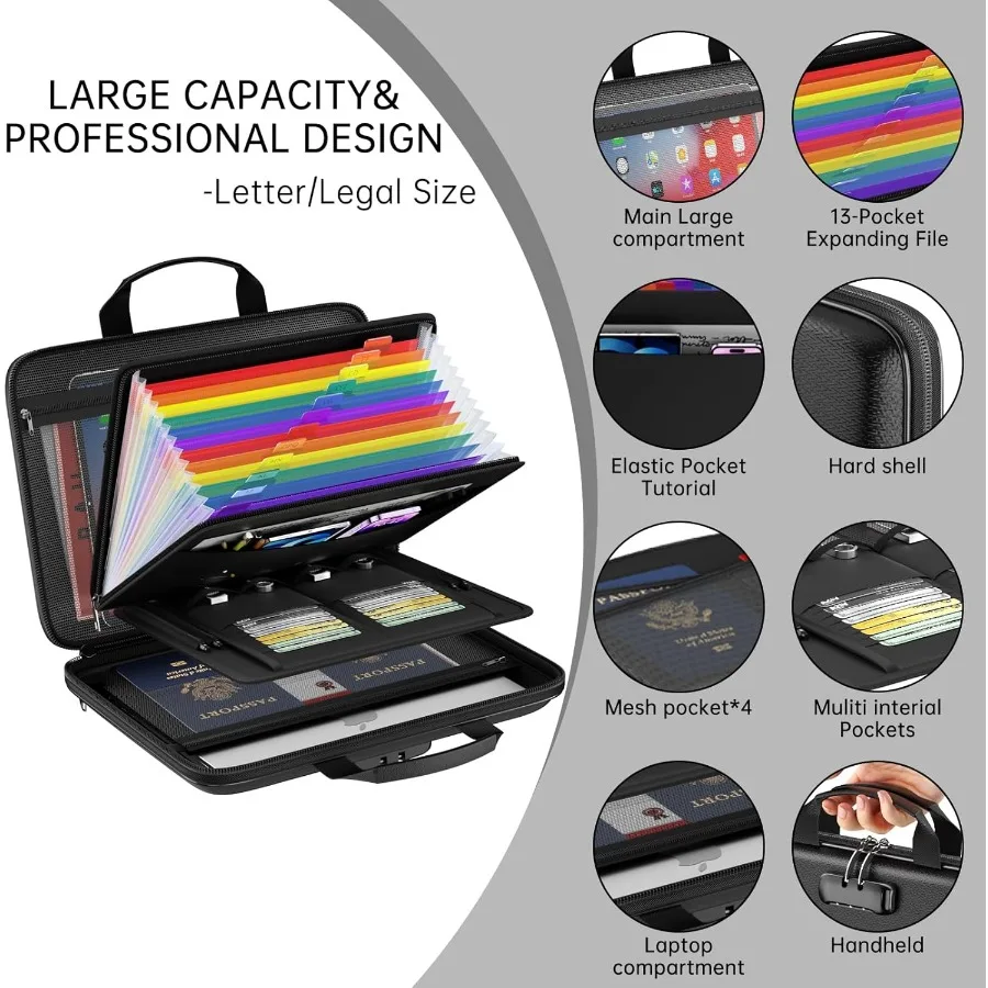 Organizador de archivos ignífugo con cerradura para almacenamiento seguro: carpeta expandible grande de 13 bolsillos con diseño de carcasa dura, ideal para Protec