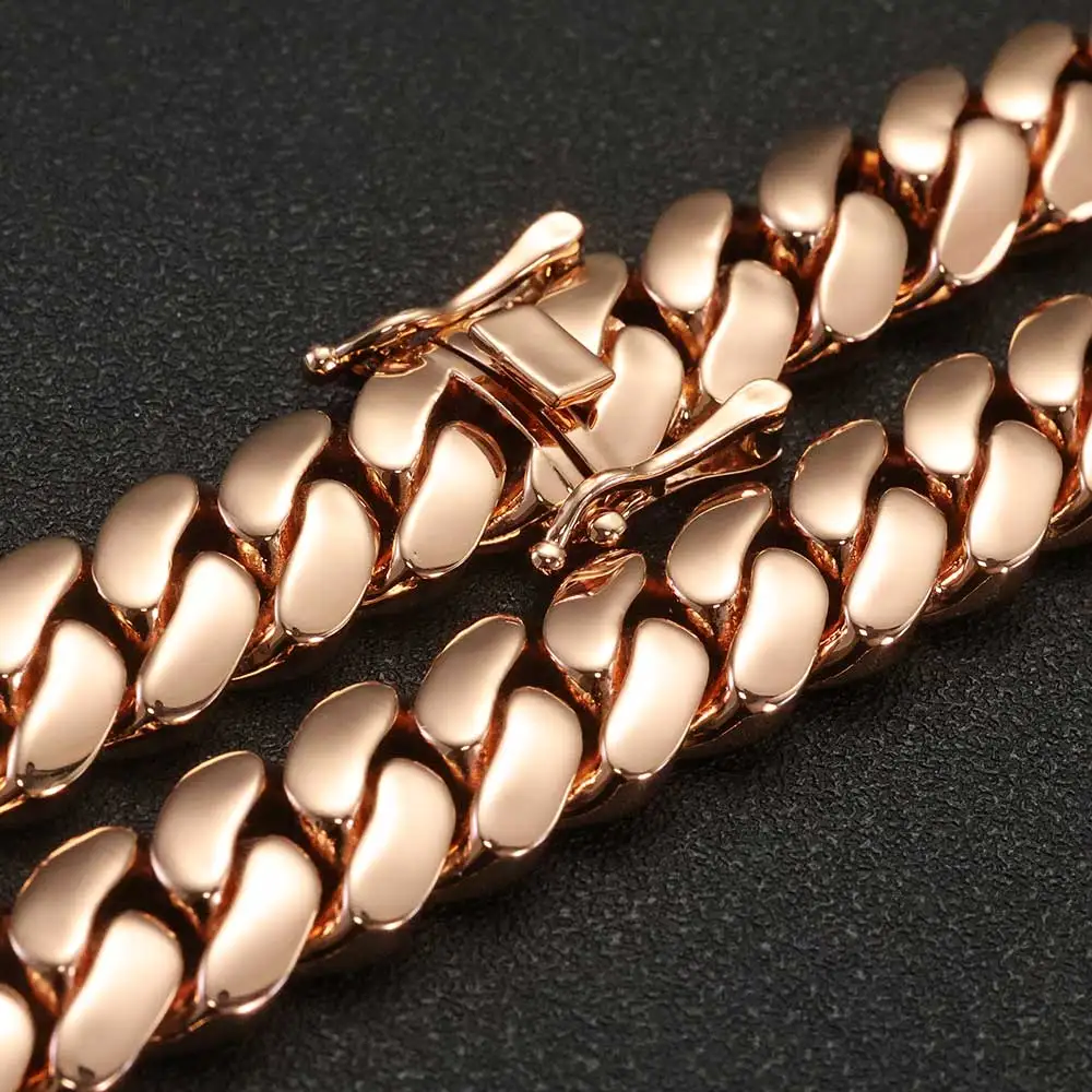 

Nuoya 22mm Rose Gold Plated Cuban Necklace Miami Hip Hop Jewelry Smooth High Polishing Brass Gold Chain Bracelet Wholesale