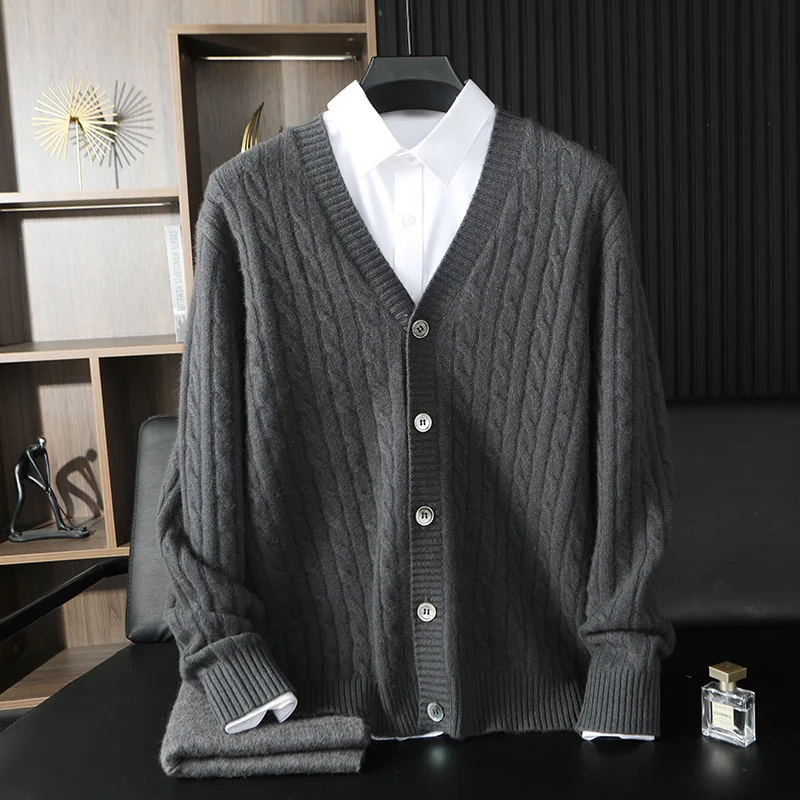 MVLYFLRT Men's V-neck Pure Goat Cashmere Cardigan Knitted Thick Warm Jacket 100% Luxury Soft Cozy Sweater for Casual Wear