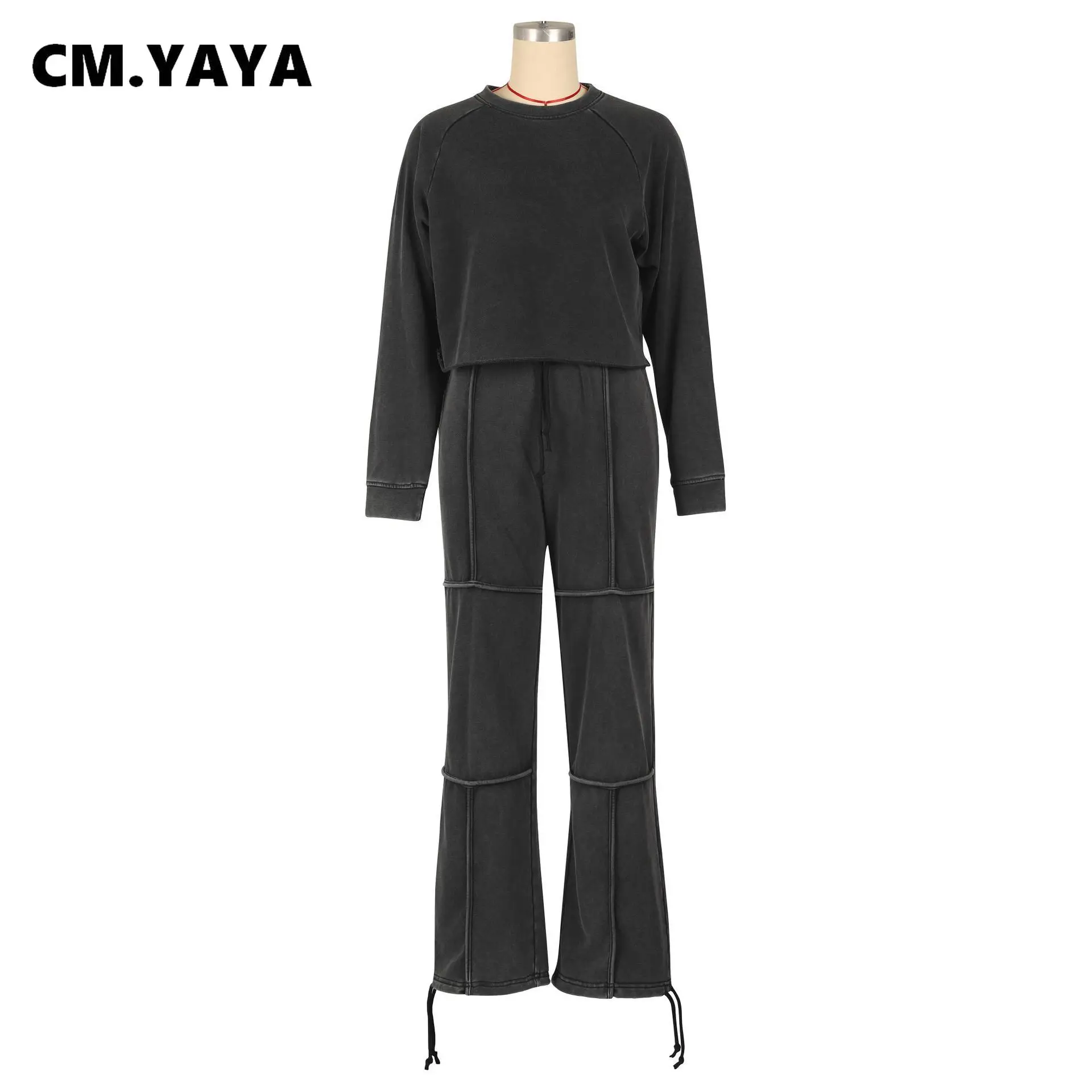 CM.YAYA Women Set Long Sleeve Washed Sweatshirt + Pant Suits 2025 2 Two Piece Sets Sporty Active Tracksuits Street Outfits