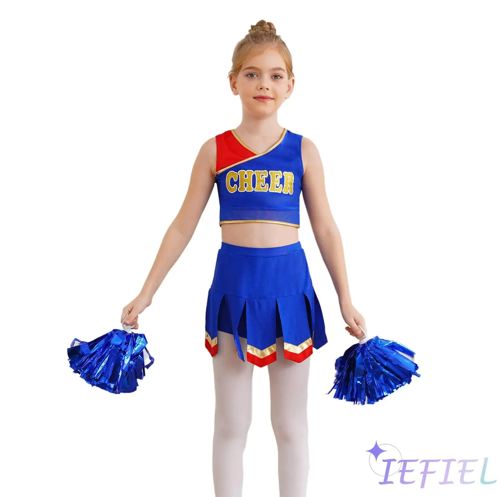 

2Pcs Children Girl Cheer Leader Costumes V Neck Sleeveless Crop Top with Dance Skirt Set Cheer Uniform Outfit for Squad Show