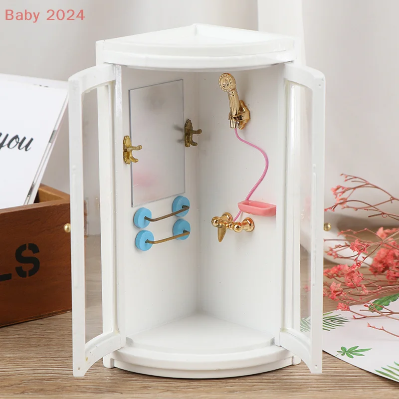 Juego de ducha de baño de madera en miniatura para casa de muñecas, escala 1:12, muebles para decoración de habitación de niños