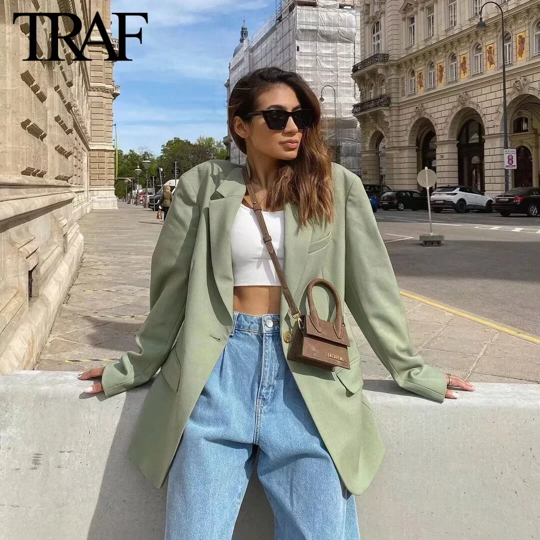 TRAF Women Fashion Commuter Long Sleeve Single Button Jacket Spring New Chic Female Flip Pocket Straight Blazers Suit Coat