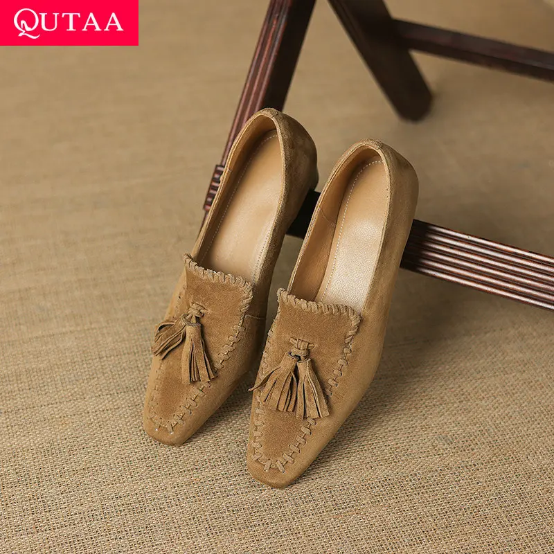 

QUTAA 2026 Fashion Spring Women Pumps Shoes Sexy Mid Heels Sexy Kid Suede Autumn Tassel Square Toe Shoes Party Dress 34-40