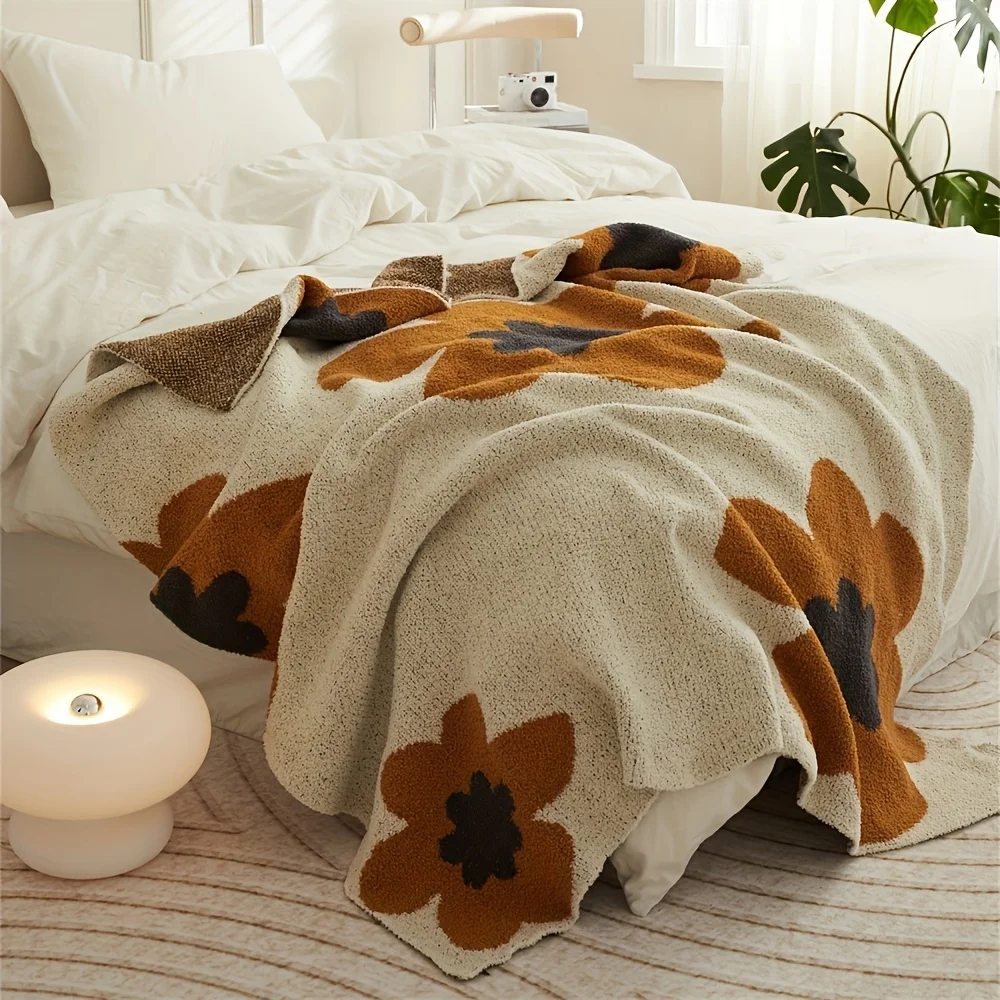 Boho Sunflower Feather Yarn Throw Blanket Super Soft Aesthetic Blanket Sofa Bed Office Nap Skin-Friendly Fleece Nap Blanket Gift